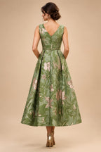 Jacquard A-Line/Princess V-Neck Tea-Length Mother of the Bride & Groom Dresses with Ruched Waist (SHI22501056)
