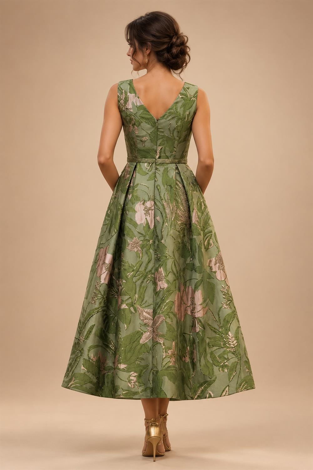 Jacquard A-Line/Princess V-Neck Tea-Length Mother of the Bride & Groom Dresses with Ruched Waist (SHI22501056)