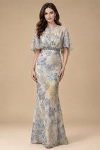 Jacquard Sheath/Column 3/4 Sleeves Floor-Length Mother of the Bride & Groom Dresses with Ruched Waist & Rhinestones (SHI22500801)