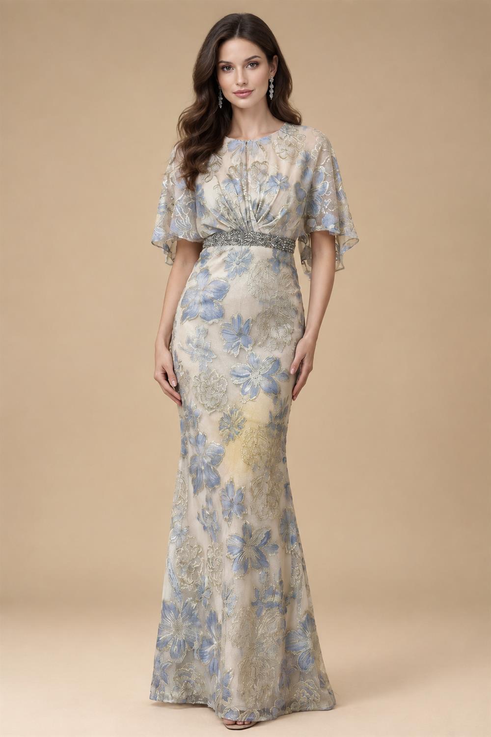 Jacquard Sheath/Column 3/4 Sleeves Floor-Length Mother of the Bride & Groom Dresses with Ruched Waist & Rhinestones (SHI22500801)