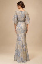 Jacquard Sheath/Column 3/4 Sleeves Floor-Length Mother of the Bride & Groom Dresses with Ruched Waist & Rhinestones (SHI22500801)