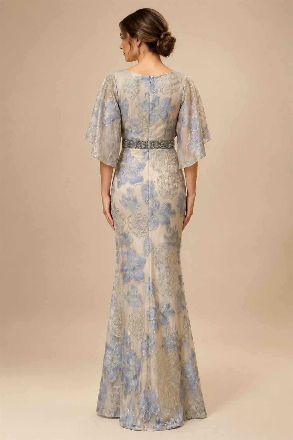 Jacquard Sheath/Column 3/4 Sleeves Floor-Length Mother of the Bride & Groom Dresses with Ruched Waist & Rhinestones (SHI22500801)