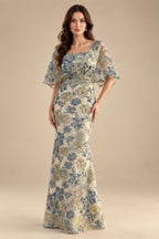Jacquard Sheath/Column 3/4 Sleeves Floor-Length Mother of the Bride & Groom Dresses with Ruched Waist & Rhinestones (SHI22500801)