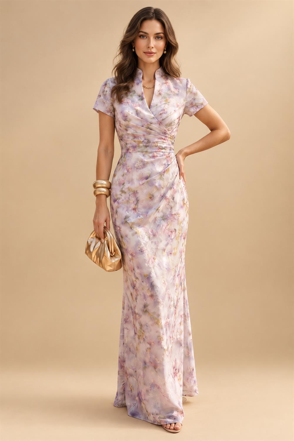 Jacquard Sheath/Column V-Neck Floor-Length Mother of the Bride & Groom Dresses with Ruched Waist (SHIB22500907)