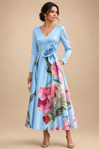 Floral Print A-Line/Princess V-Neck Tea-Length Mother of the Bride & Groom Dresses with Ruched Waist & Pockets (SHI22501150)