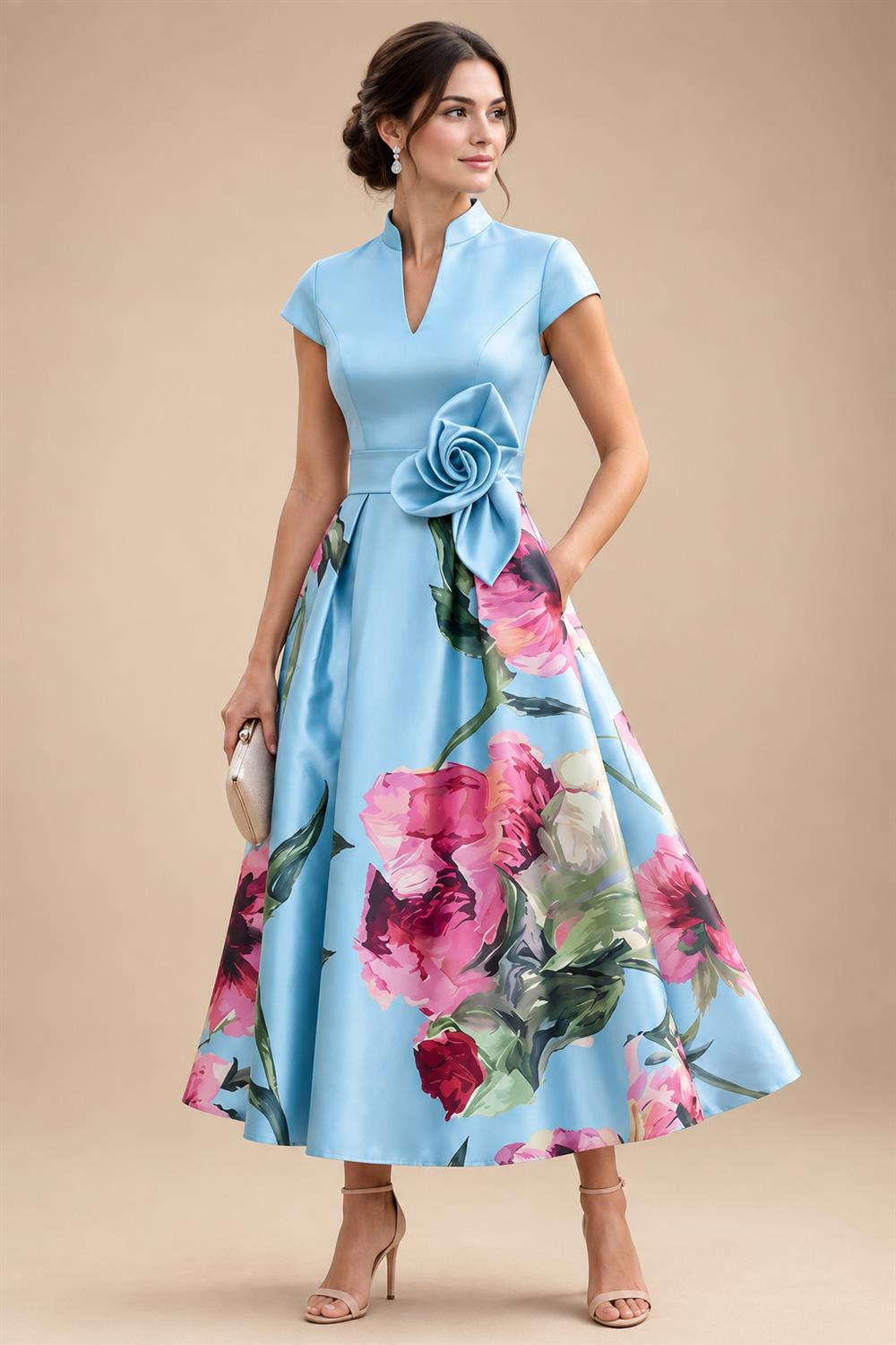 Floral Print A-Line/Princess V-Neck Tea-Length Mother of the Bride & Groom Dresses with Ruched Waist & Pockets (SHI22501150)