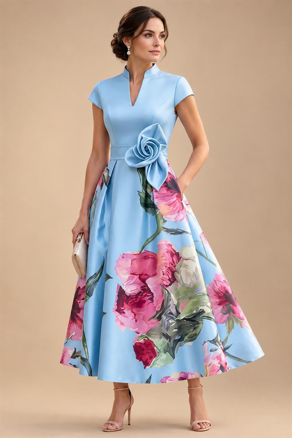 Floral Print A-Line/Princess V-Neck Tea-Length Mother of the Bride & Groom Dresses with Ruched Waist & Pockets (SHI22501150)