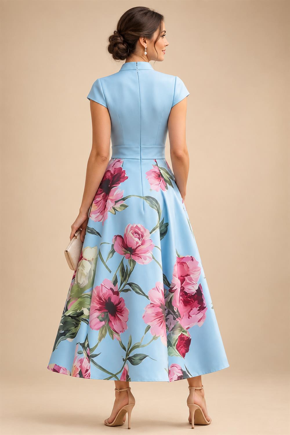 Floral Print A-Line/Princess V-Neck Tea-Length Mother of the Bride & Groom Dresses with Ruched Waist & Pockets (SHI22501150)