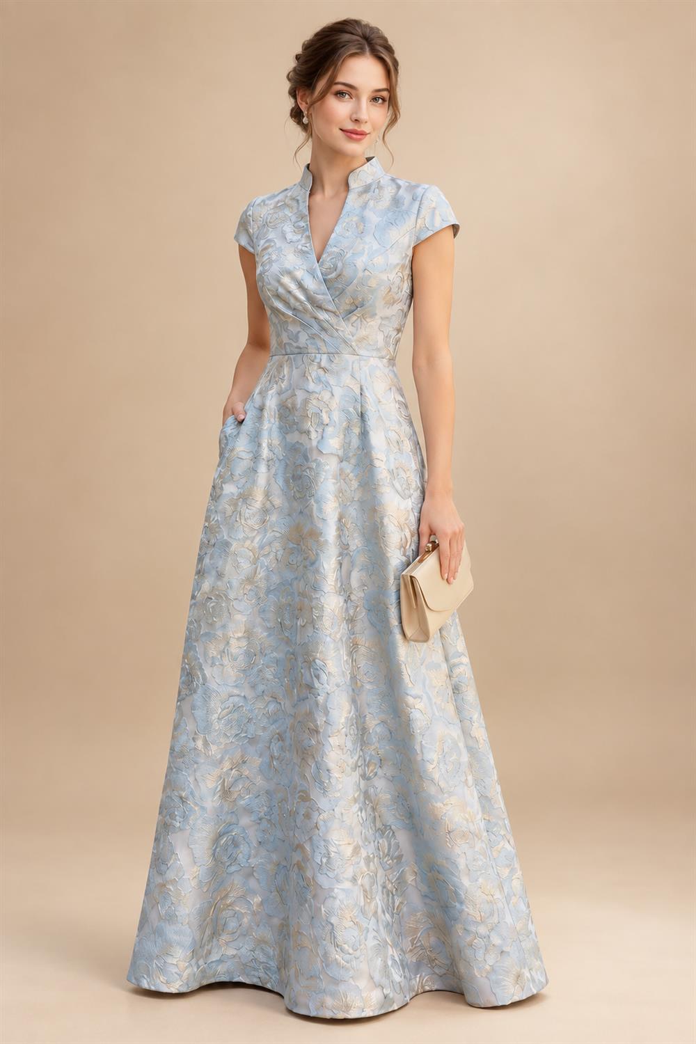 Jacquard A-Line/Princess V-Neck Floor-Length Mother of the Bride & Groom Dresses with Ruched Waist & Pockets (SHI22501298)