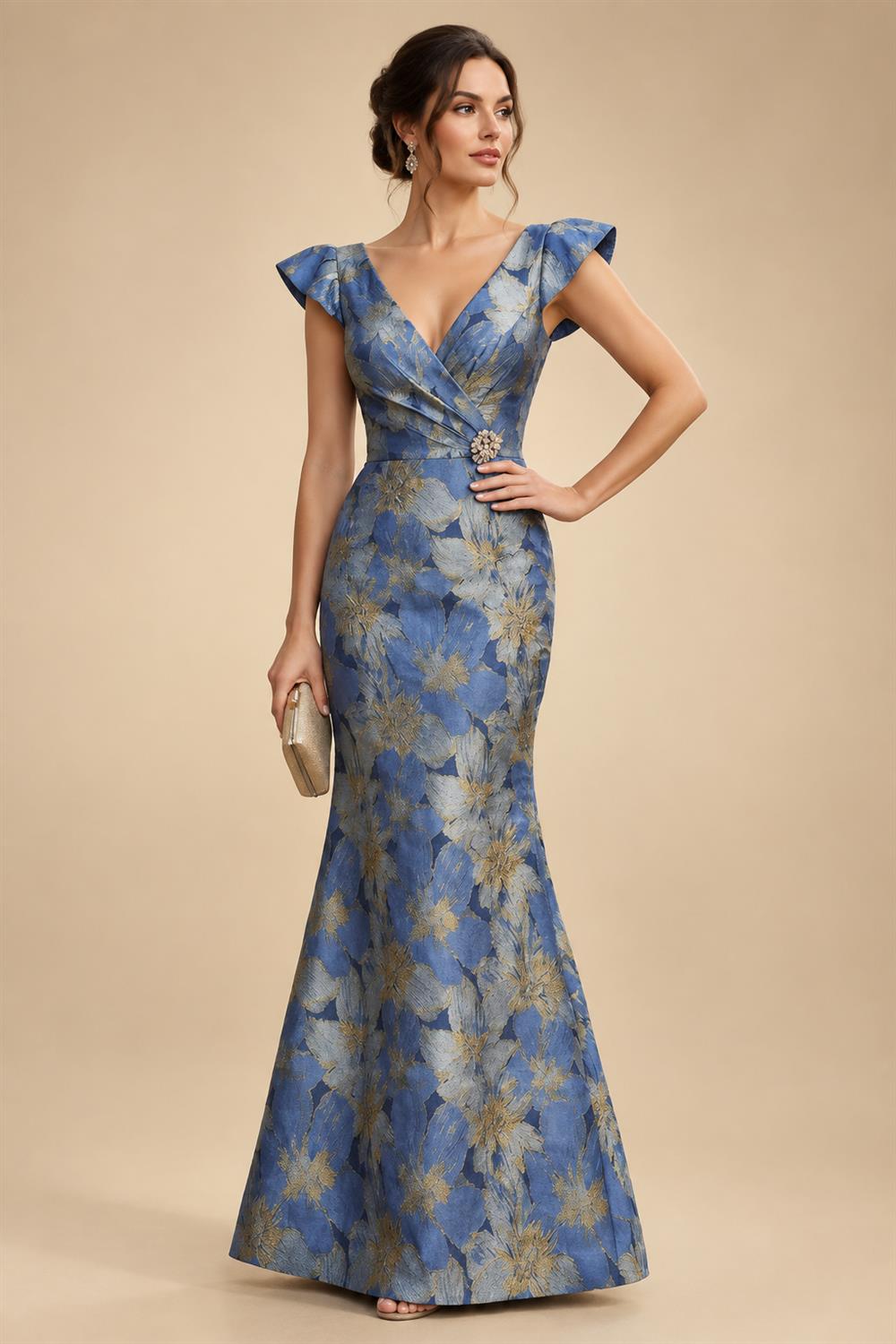 Jacquard Mermaid/Trumpet V-Neck Floor-Length Mother of the Bride & Groom Dresses for Women (SHI22501233)