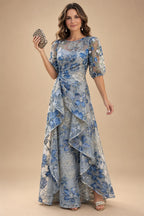 A-Line Chiffon Floral Print 3/4 Cape Sleeves Tiered Mother of the Bride & Groom Dresses with Beaded Waist Embellishment (SHI22500669)
