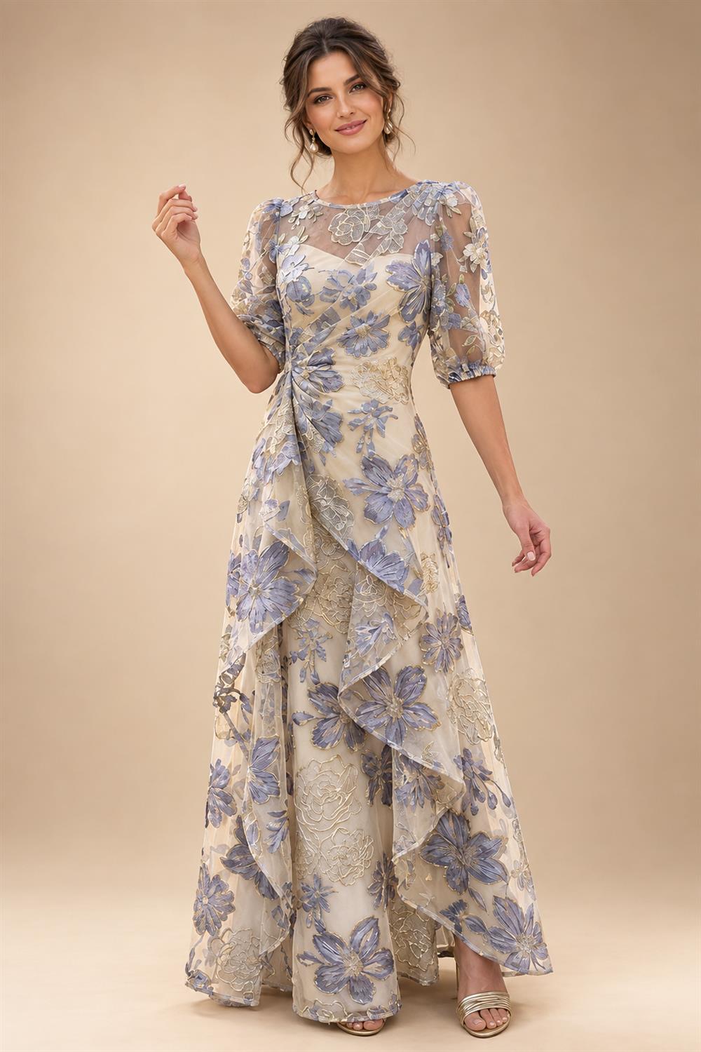 Jacquard A-Line/Princess Scoop Neck Floor-Length Mother of the Bride & Groom Dresses with Ruffles & Ruched Waist (SHI22501201)