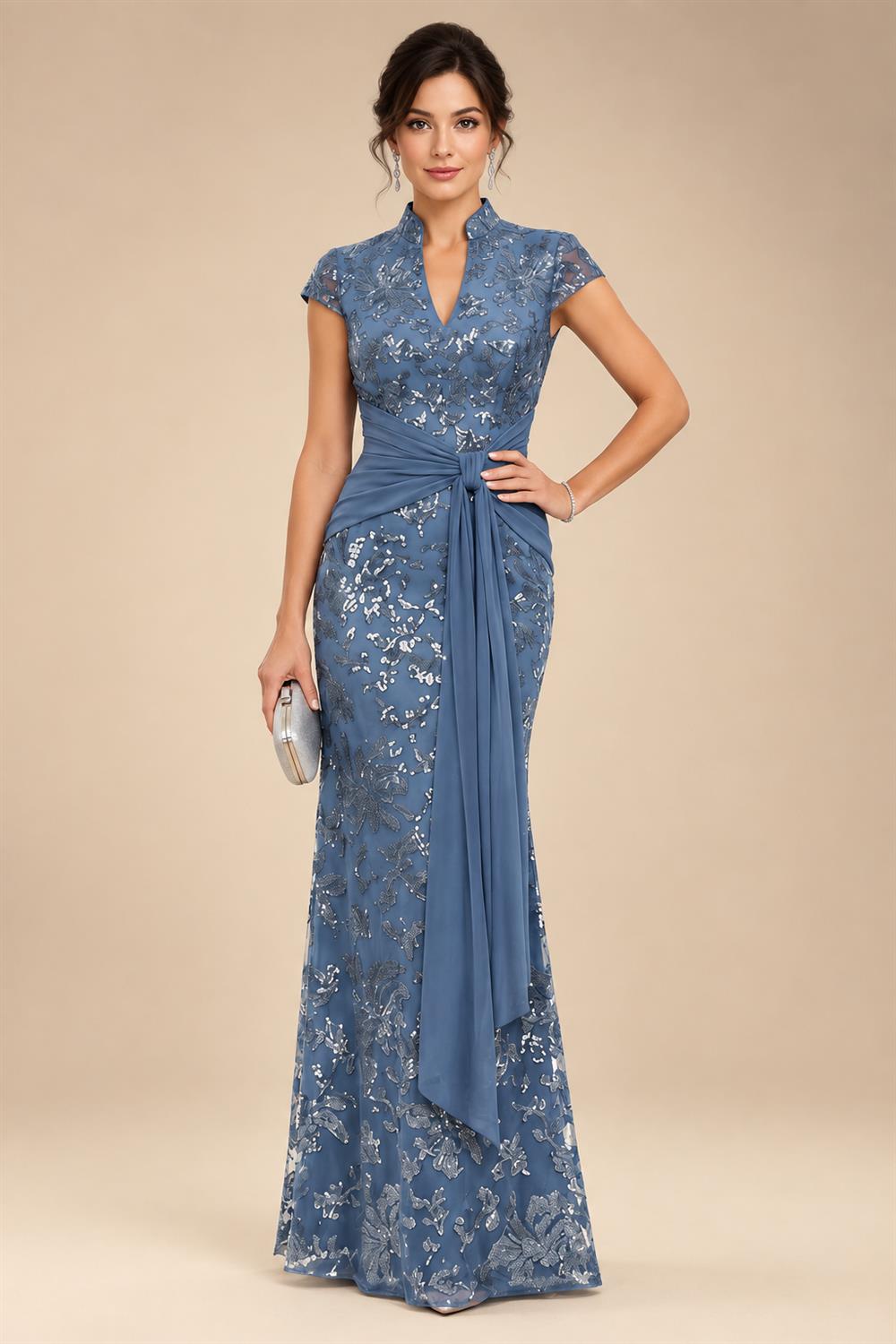 Satin V Neck Floral Print A Line Mother of the Bride Dresses (SHIR1110445)