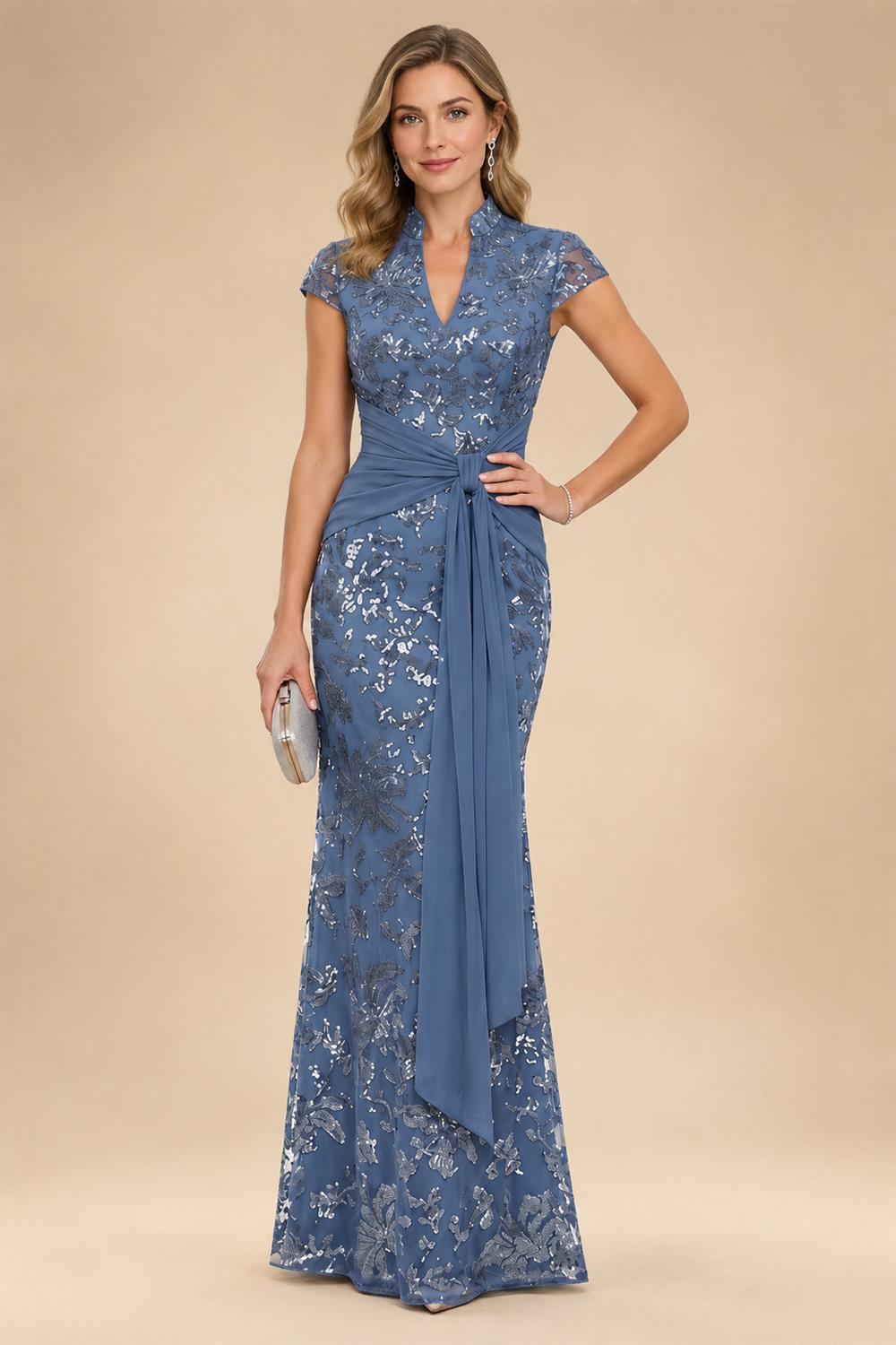 Sequin Floral Sheath/Column V-Neck Floor-Length Mother of the Bride & Groom Dresses with Ruched Waist (SHI22500972)