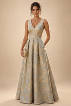 Jacquard A-Line/Princess V-Neck Floor-Length Mother of the Bride & Groom Dresses with Pockets (SHI22500987)