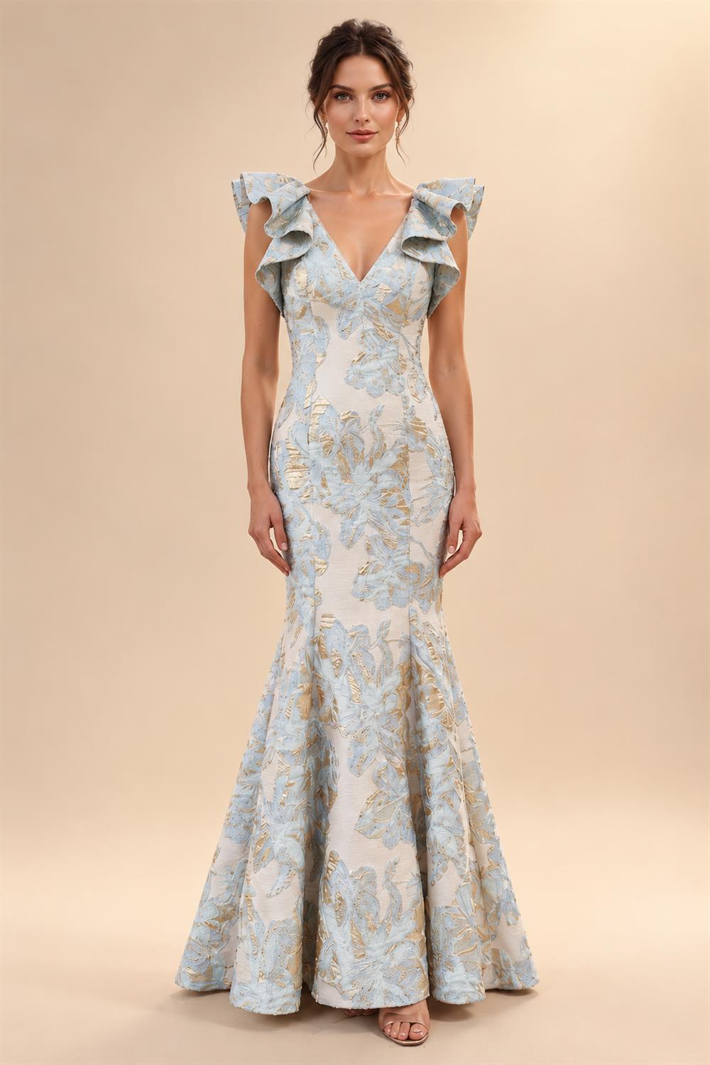 Jacquard Mermaid/Trumpet V-Neck Floor-Length Mother of the Bride & Groom Dresses for Women (SHI22501233)