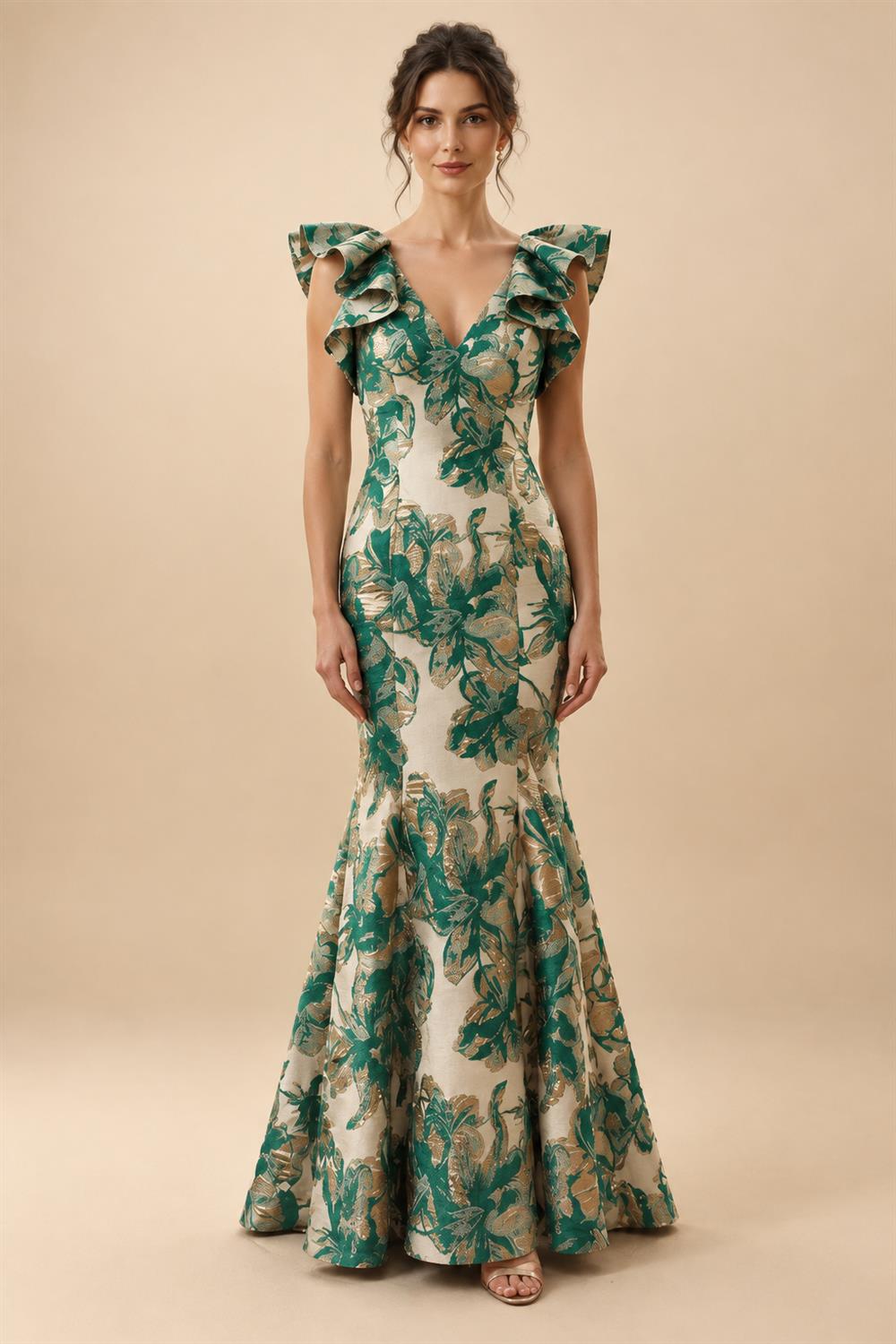 Jacquard Mermaid/Trumpet V-Neck Floor-Length Mother of the Bride & Groom Dresses for Women (SHI22501233)