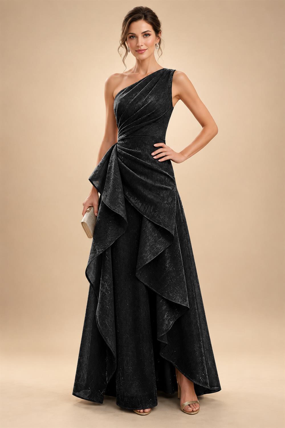 Chiffon A-Line/Princess One Shoulder Floor-Length Mother of the Bride & Groom Dresses with Ruffles & Ruched Waist (SHI22501248)