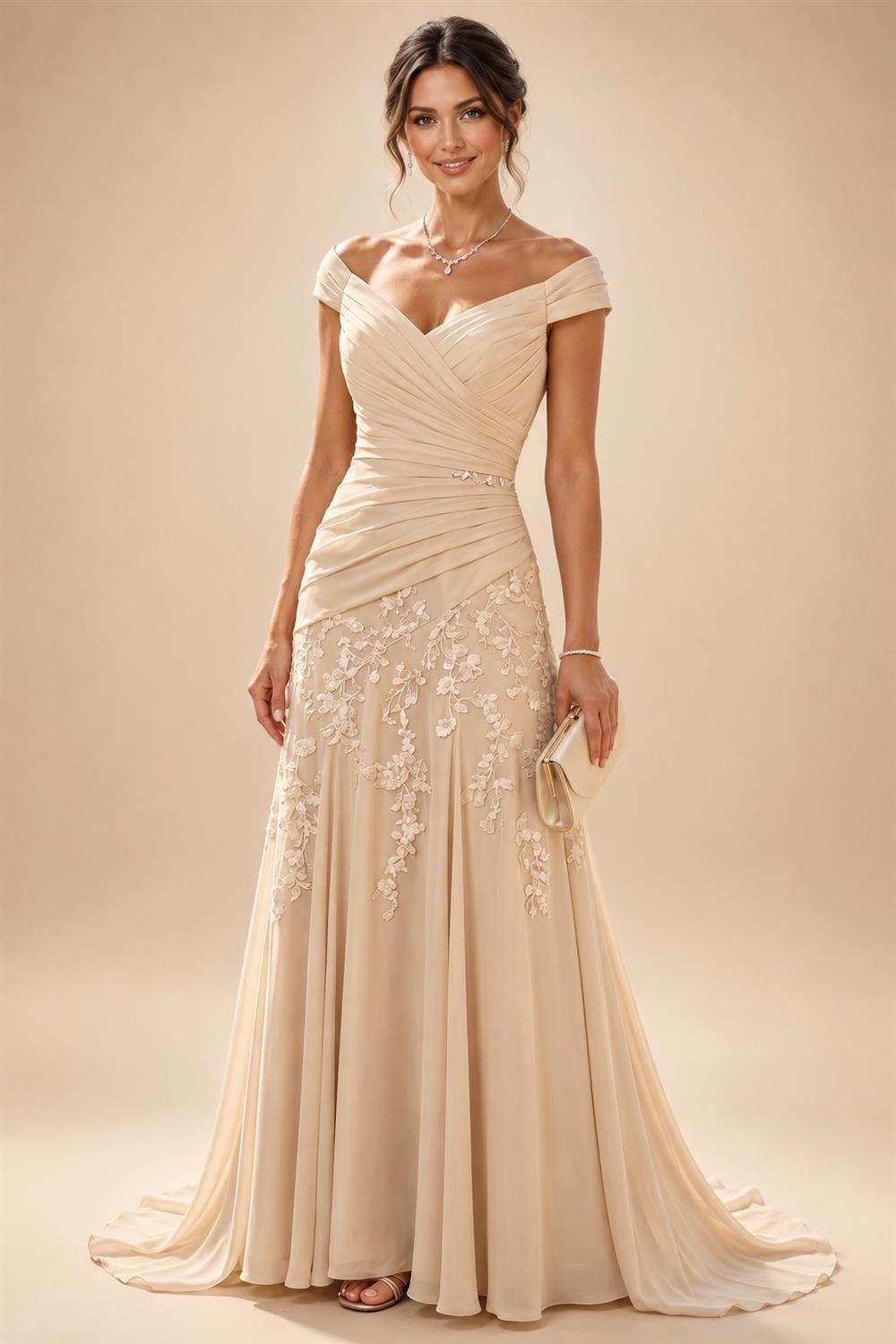 Sheath/Column Off Shoulder Stretch Jersey Floor-Length Mother of the Bride & Groom Dresses with Lace Appliques Sleeves & Slit (SHI22501550)