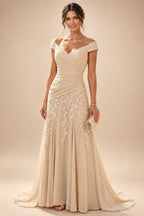 Sheath/Column Off Shoulder Stretch Jersey Floor-Length Mother of the Bride & Groom Dresses with Lace Appliques Sleeves & Slit (SHI22501550)
