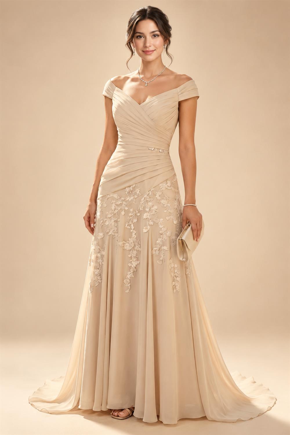 A-Line Chiffon V-Neck Short Sleeve Mother of the Bride Dresses Floor-Length with Sequin Appliques (SHI22500297)