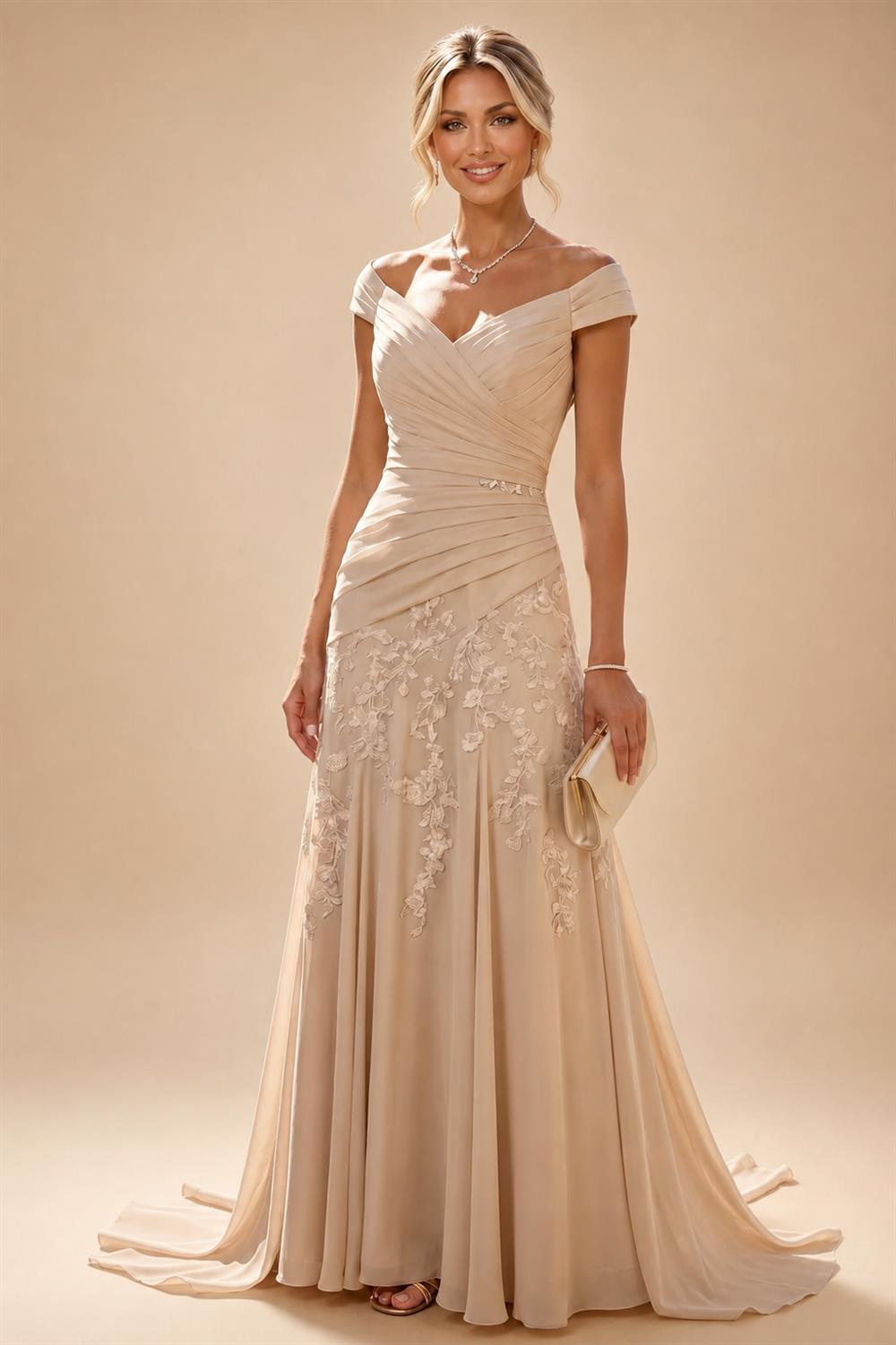 Sheath Satin Jacquard Off Shoulder Floor-Length Mother of the Bride & Groom Dresses (SHI22500823)