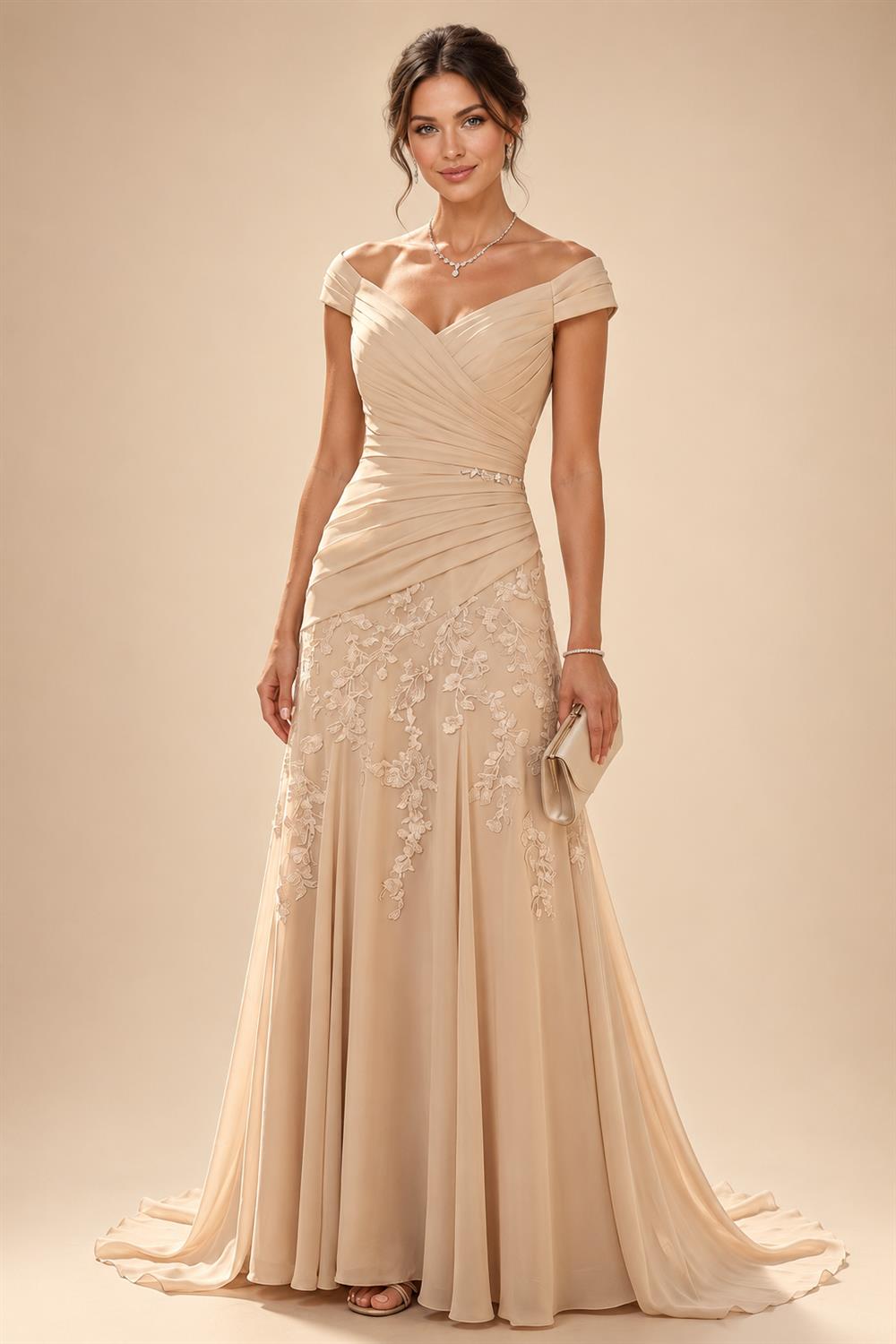 A-Line Chiffon Pleated Long Mother of the Bride & Groom Dresses with 3/4 Flutter Sleeves & Sequin Waist (SHI22500702)