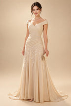 A-Line/Princess Off Shoulder Satin Floor-Length Mother of the Bride & Groom Dresses with 3D Flowers & Sweep Train (SHI22501552)