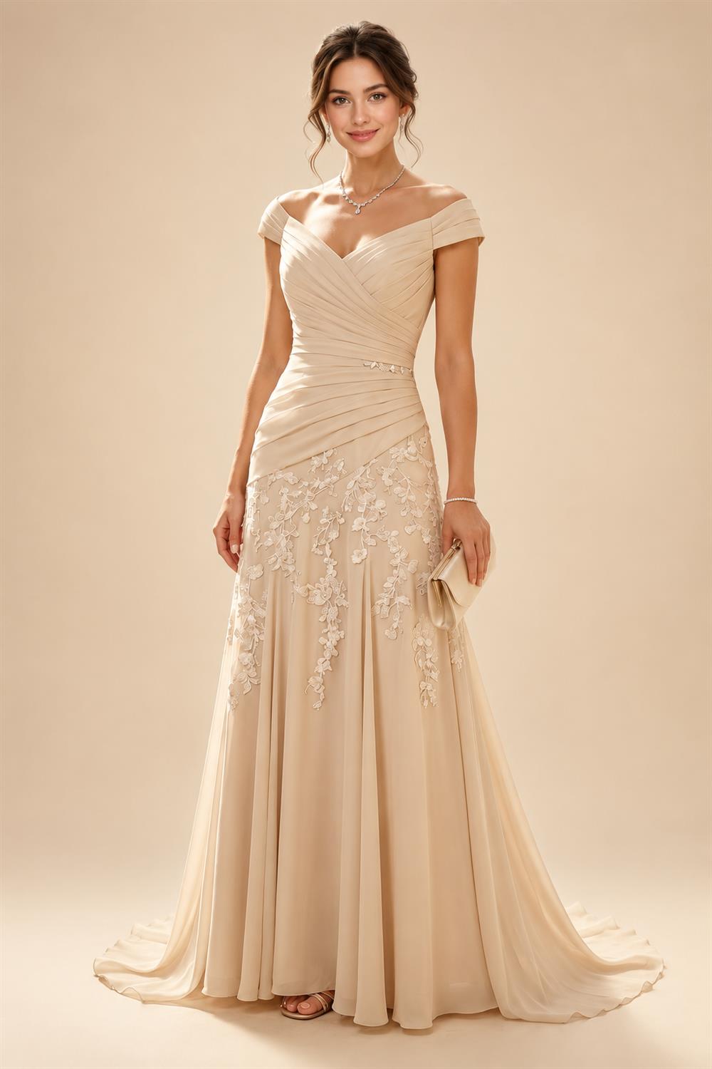 A-Line/Princess V-Neck Chiffon Floor-Length Mother of the Bride & Groom Dresses with Lace Appliques & Pleats (SHI22501670)