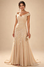 A-Line/Princess Off Shoulder Chiffon Floor-Length Mother of the Bride & Groom Dresses with Lace Appliques & Pleats (SHI22501566)