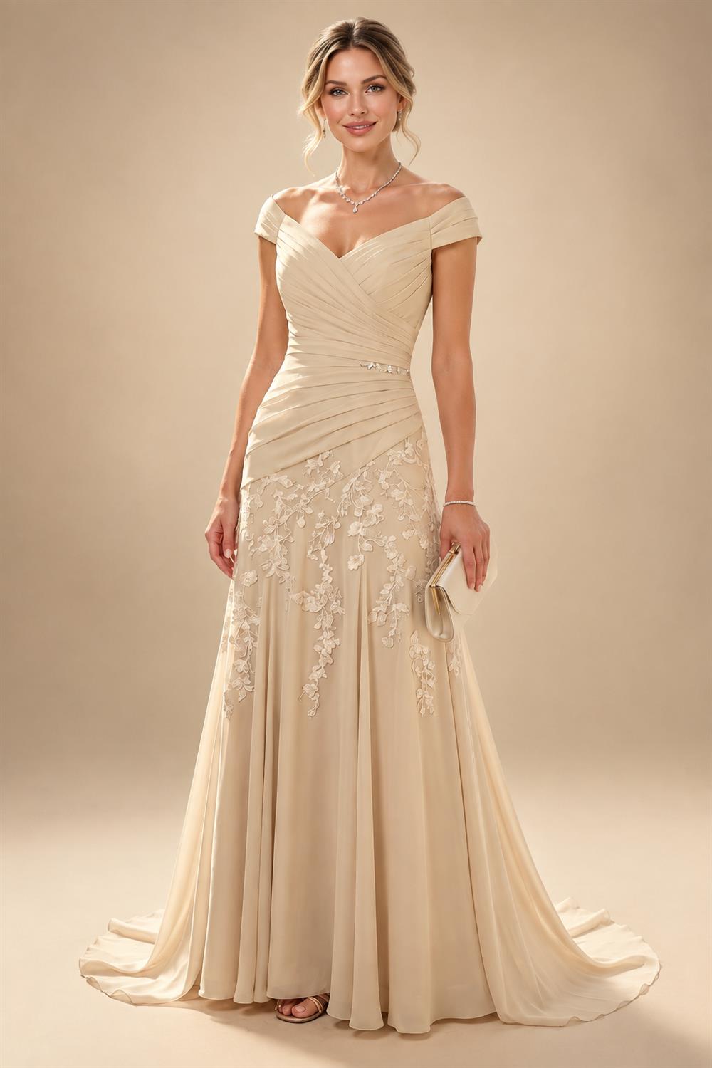A-Line/Princess V-Neck Chiffon Maxi Mother of the Bride & Groom Dresses with Side Sash, Sweep Train & Ruched Bodice (SHI22501629)