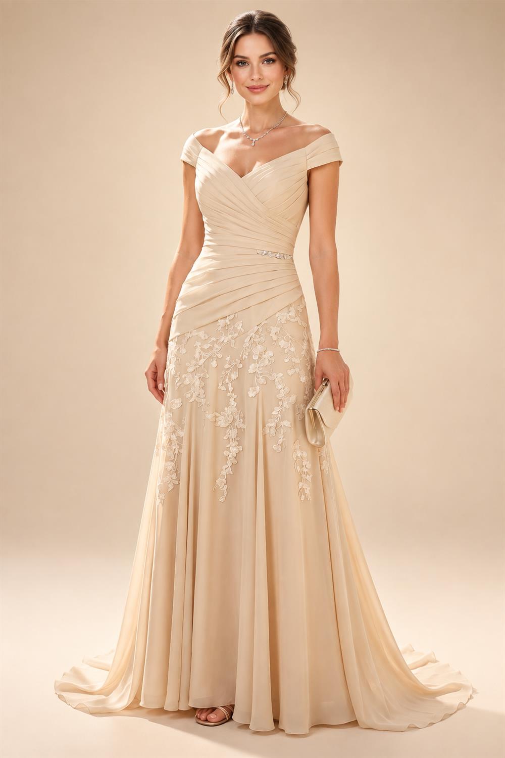 Sheath/Column Scoop Neck Chiffon Maxi Mother of the Bride & Groom Dresses with Lace Appliques, Sweep Train & Ruched Waist (SHI22501642)
