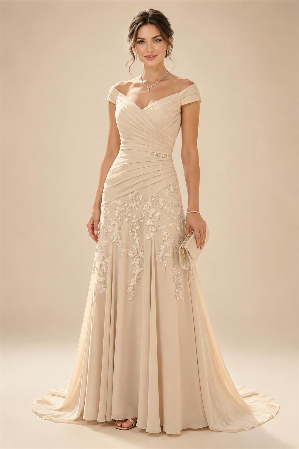 A-Line Lace Appliques Maxi Mother of the Bride & Groom Dresses with Flutter Sleeves Chiffon Bodice (SHI22500731)
