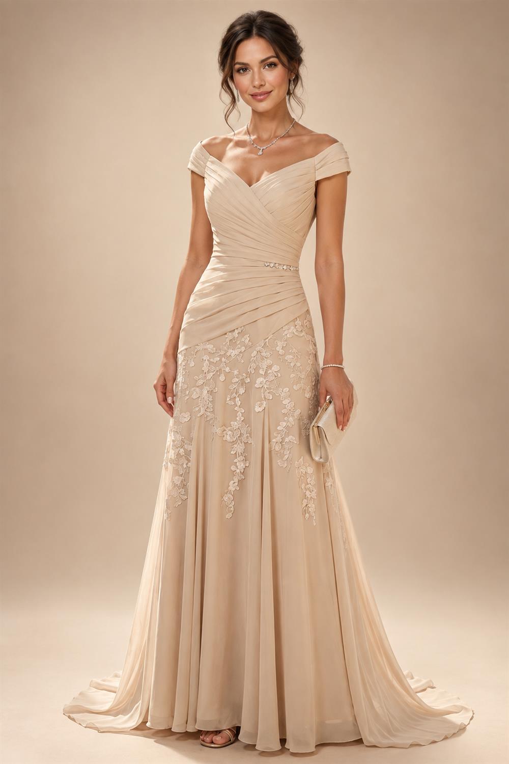 A-Line/Princess V-Neck Chiffon Maxi Mother of the Bride & Groom Dresses with Feather Trim & Pleats (SHI22501651)