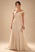 Chiffon Lace A-Line/Princess Off Shoulder Long Mother of the Bride & Groom Dresses with Ruched Waist & Sweep Train (SHI22501250)
