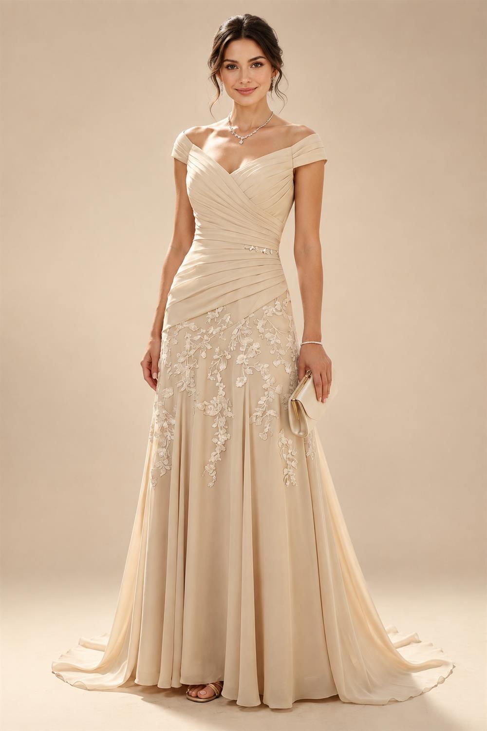 A-Line/Princess V-Neck Chiffon Maxi Mother of the Bride & Groom Dresses with Lace Appliques, Sweep Train, Ruffles, 3D Flowers & Ruched Waist (SHI22501653)
