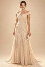A-Line/Princess Scoop Neck Chiffon Maxi Mother of the Bride & Groom Dresses with 3D Flowers, Sweep Train & Pleats (SHI22501627)