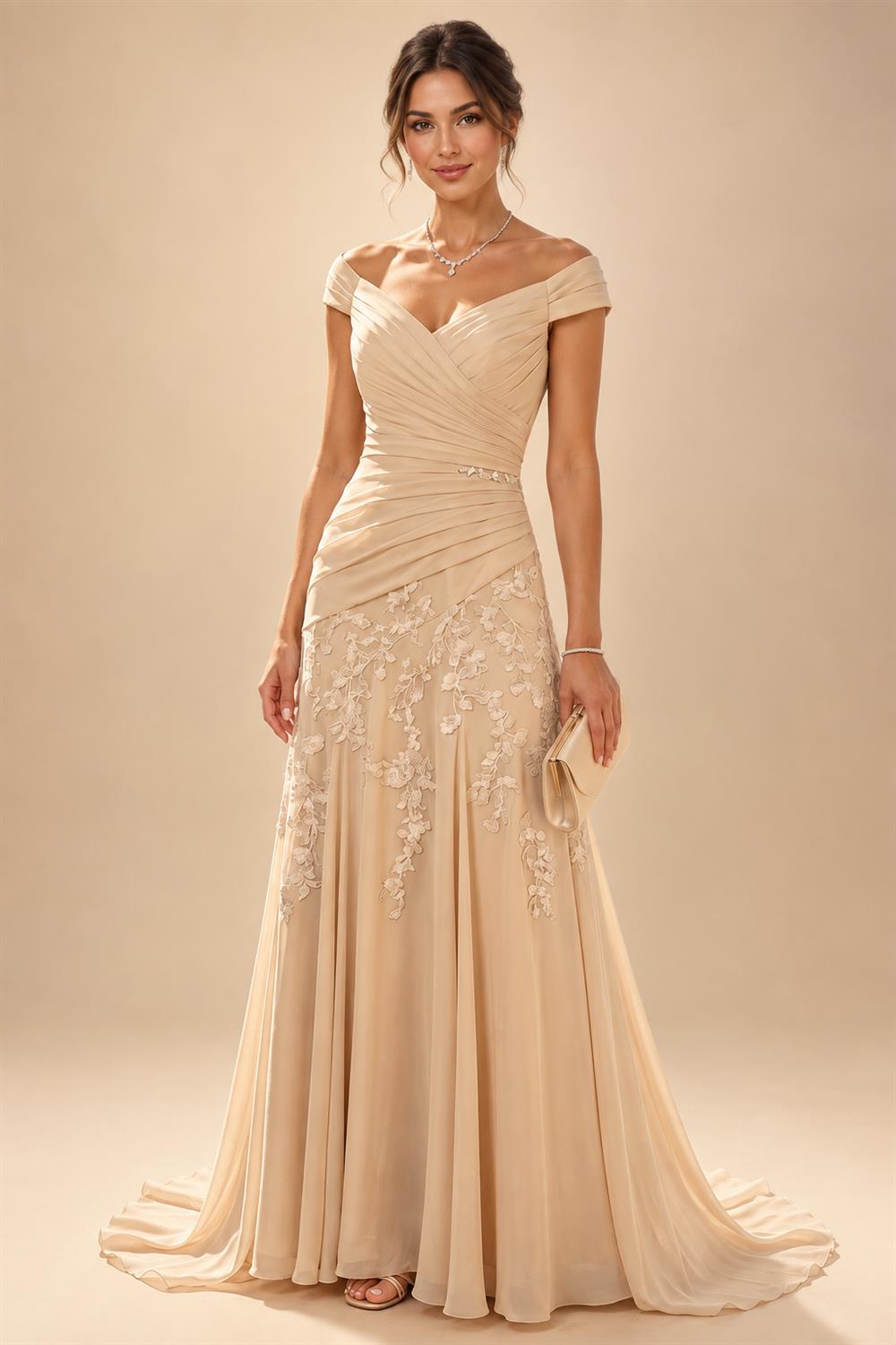 A-Line Metallic Satin Off Shoulder Bow Mother of the Bride & Groom Dresses with Floral Lace Appliques, Ruched Waist & Sweep Train (SHI22500425)