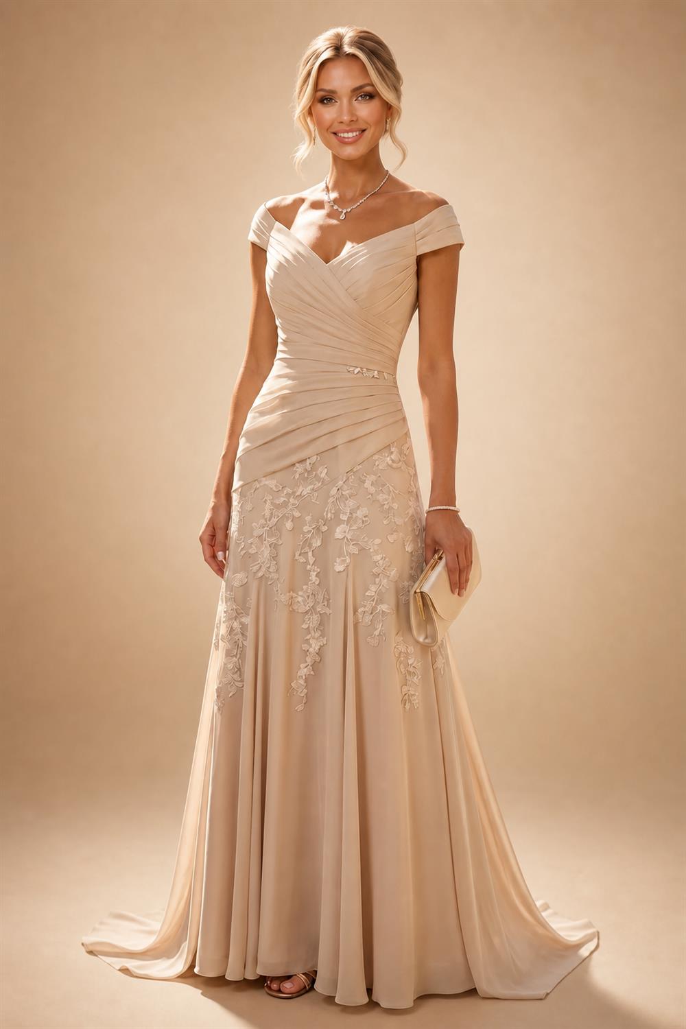 A-Line Satin V-Neck 3/4 Sleeve Mother of the Bride Dresses Floor-Length Ball Gown with Applique (SHI22500294)