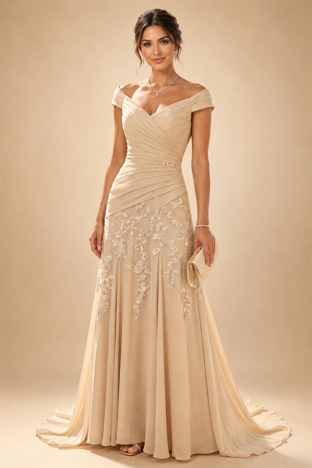 A-Line/Princess Scoop Neck Chiffon Maxi Mother of the Bride & Groom Dresses with Lace Appliques, Sweep Train & Pleats (SHI22501636)