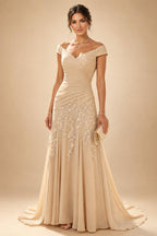 A-Line/Princess Scoop Neck Chiffon Maxi Mother of the Bride & Groom Dresses with Lace Appliques, Sweep Train & Pleats (SHI22501636)