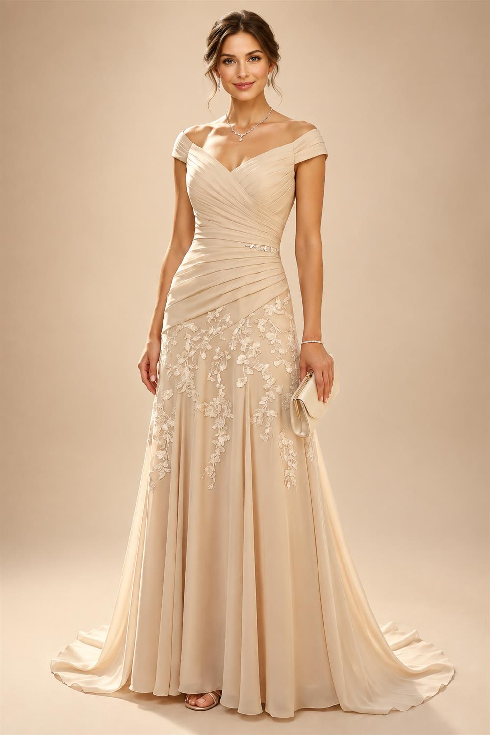 Chiffon Sheath/Column Scoop Neck Floor-Length Mother of the Bride & Groom Dresses with Lace Embroidery Bodice & Ruched Waist (SHI22501513)