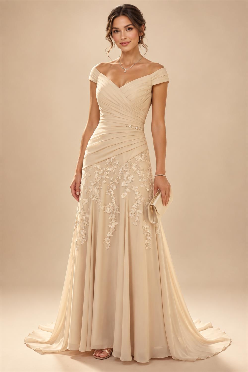 2-Piece A-Line Chiffon 3/4 Sleeves Mother of the Bride & Groom Dresses with Scalloped V-Neck Lace Bodice (SHI22500637)