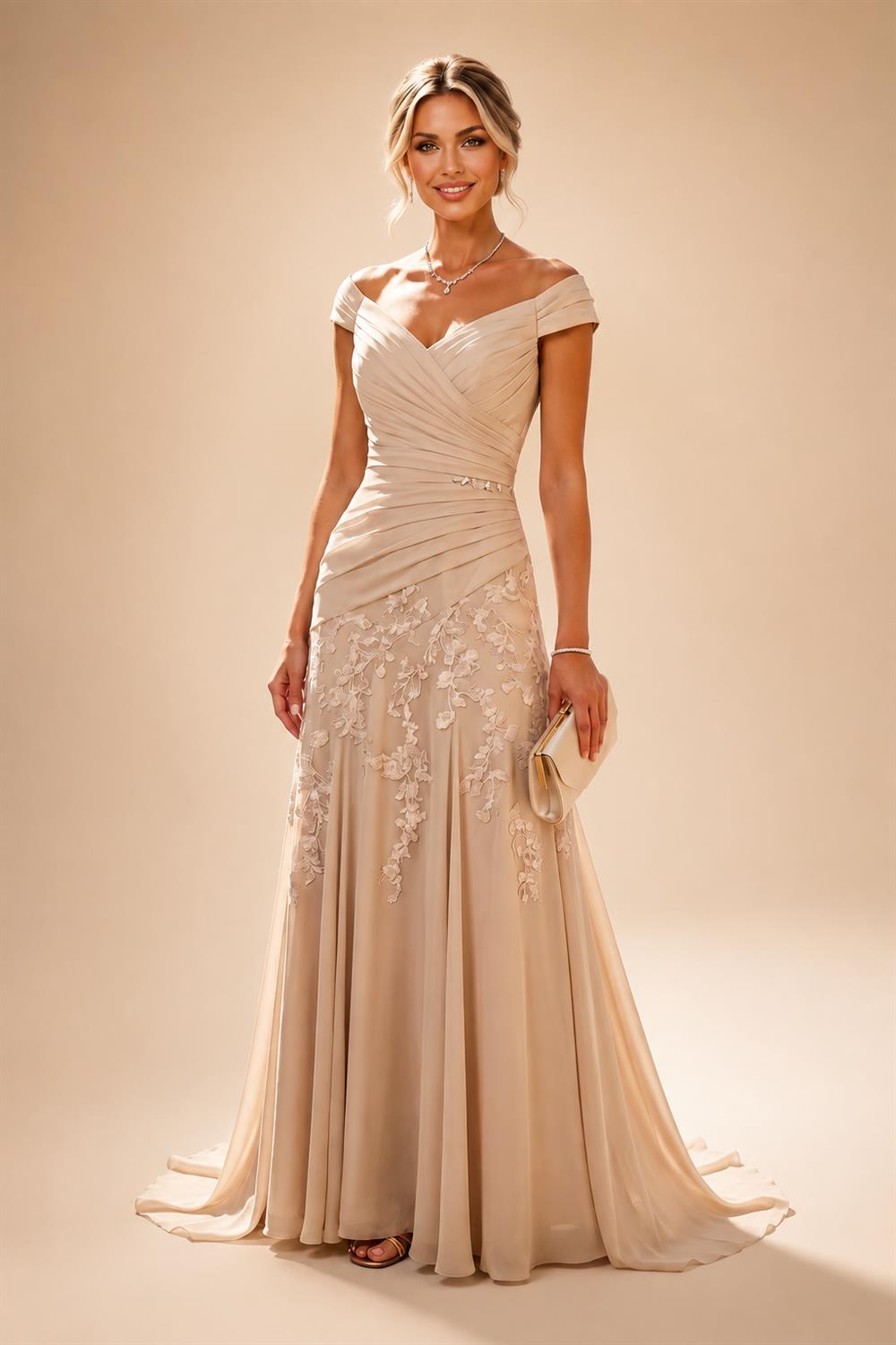 A-Line/Princess Scoop Illusion Lace Appliques Tea-Length Mother of the Bride Dresses with Pleated Ruffle (SHI22500105)
