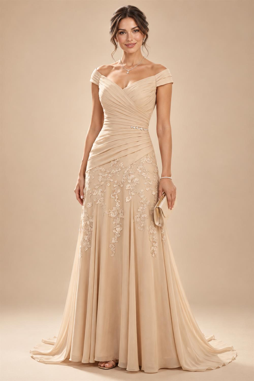 A Line/Princess Stand Collar Short Sleeve Long Elegant Mother of the Bride Dresses (SHI22500207)