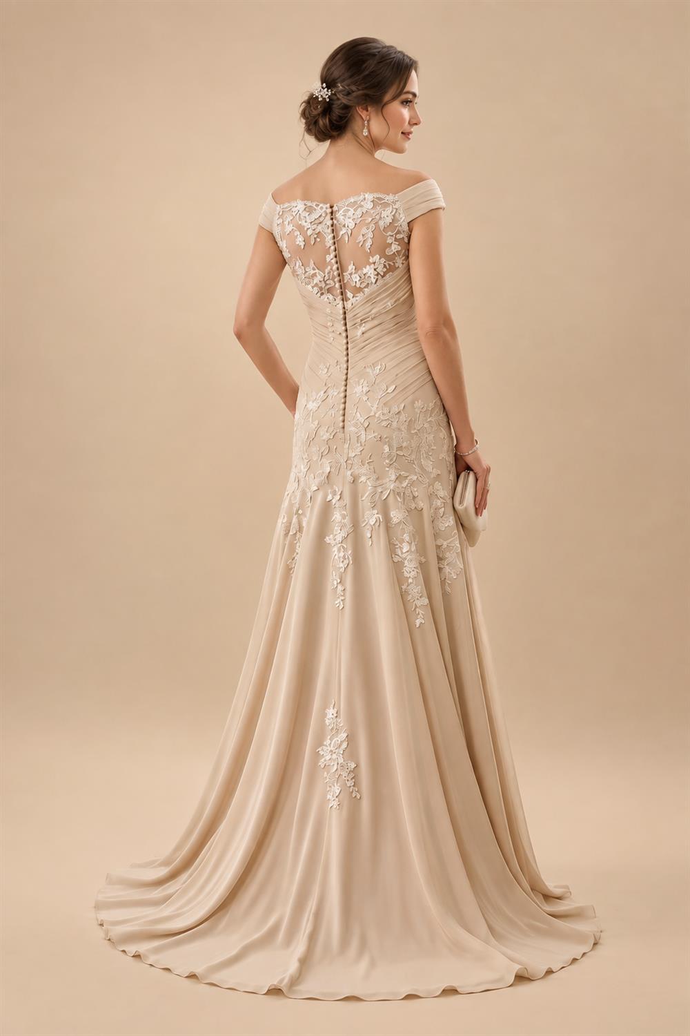 Sheath/Column Scoop Neck Chiffon Maxi Mother of the Bride & Groom Dresses with Lace Appliques, Sweep Train & Ruched Waist (SHI22501642)
