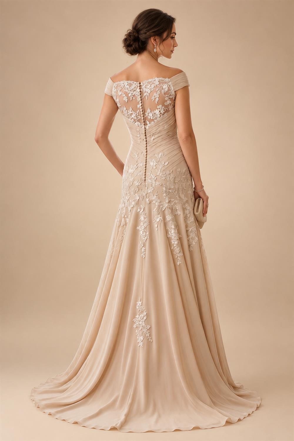A-Line Metallic Satin Off Shoulder Bow Mother of the Bride & Groom Dresses with Floral Lace Appliques, Ruched Waist & Sweep Train (SHI22500425)