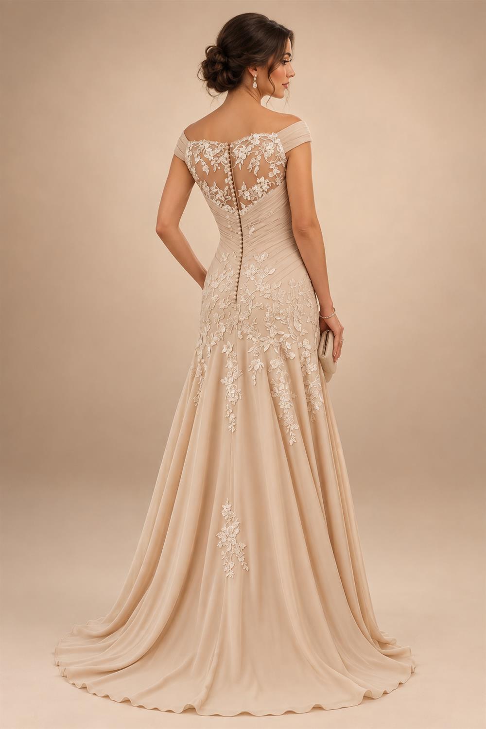 A-Line/Princess Scoop Neck Chiffon Maxi Mother of the Bride & Groom Dresses with Lace Appliques, Sweep Train & Pleats (SHI22501636)