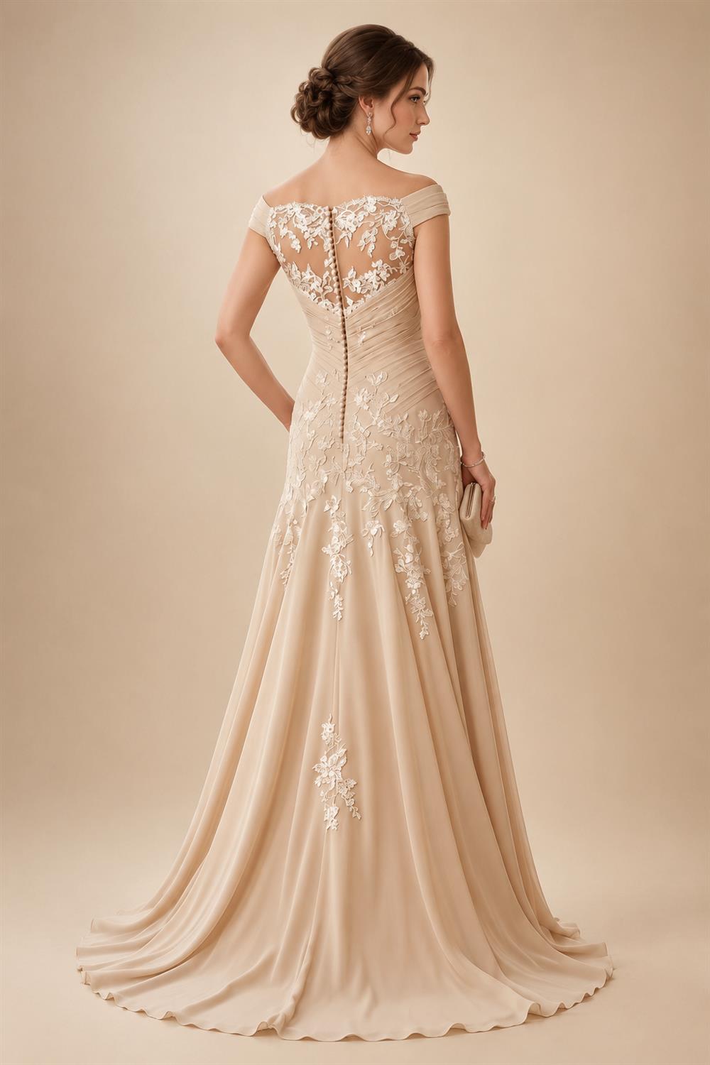 A-Line/Princess Scoop Illusion Lace Appliques Tea-Length Mother of the Bride Dresses with Pleated Ruffle (SHI22500105)