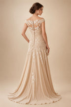 A-Line/Princess Scoop Illusion Lace Appliques Tea-Length Mother of the Bride Dresses with Pleated Ruffle (SHI22500105)